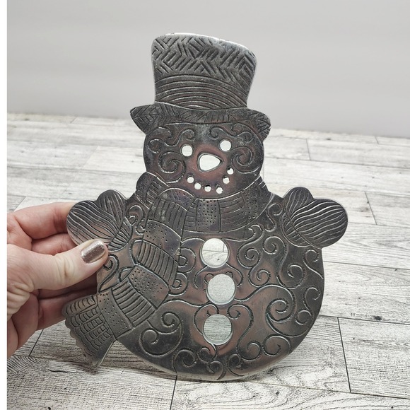 Metal Snowman Trivet • Rustic Holiday Kitchen Decor • Silver Winter Cottagecore - Picture 1 of 9